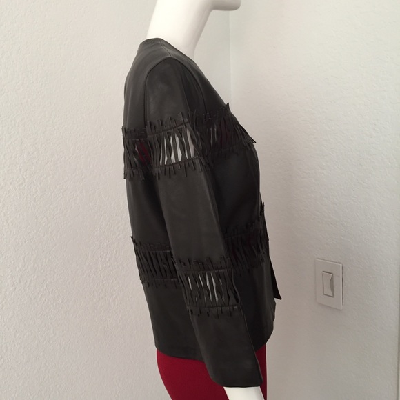 lafayette 148 woven insert crew neck brown leather jacket - Picture 5 of 12